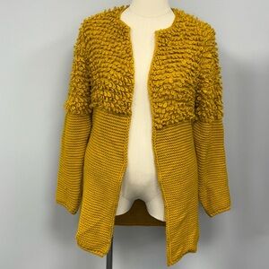NWT BELLE FRANCE Chunky Knit Long Cardigan L Mustard Yellow Wool *flaw Italy